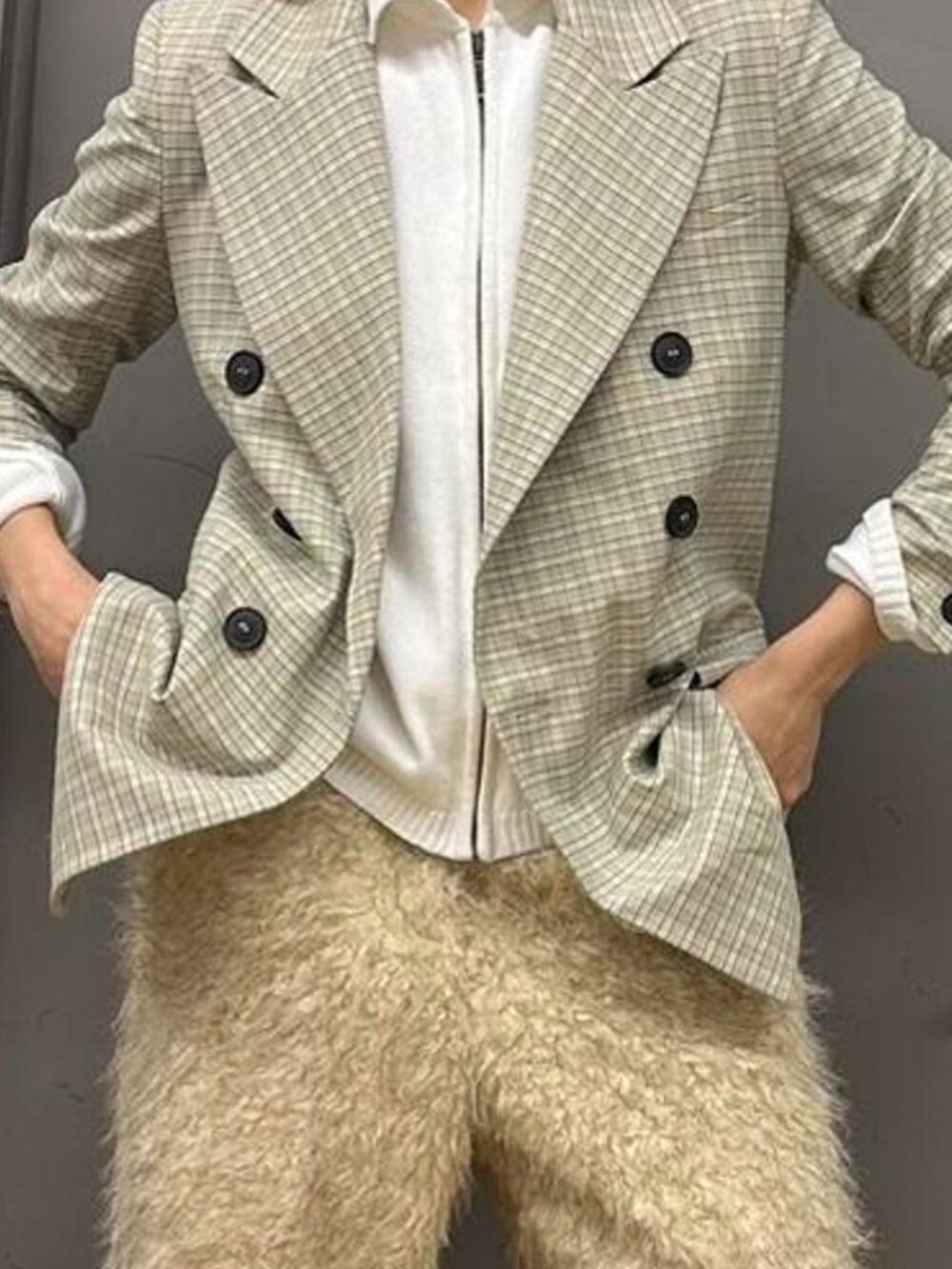 Free People blue pastel checker plaid printed blazer